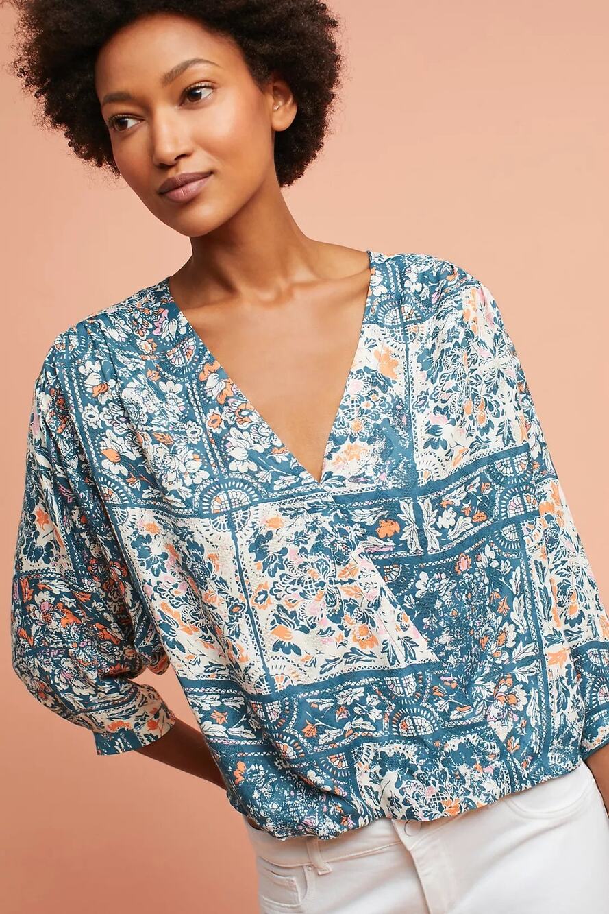 Maeve Gianna Floral Printed Wrap Top Teal Small Dolman Sleeve